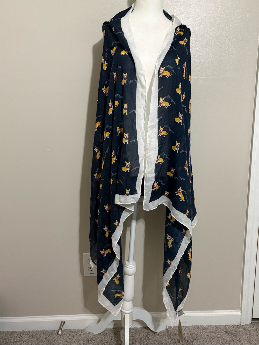 Basa Dark blue fashion scarf featuring a Pembroke Welsh Corgi print 70inX68in